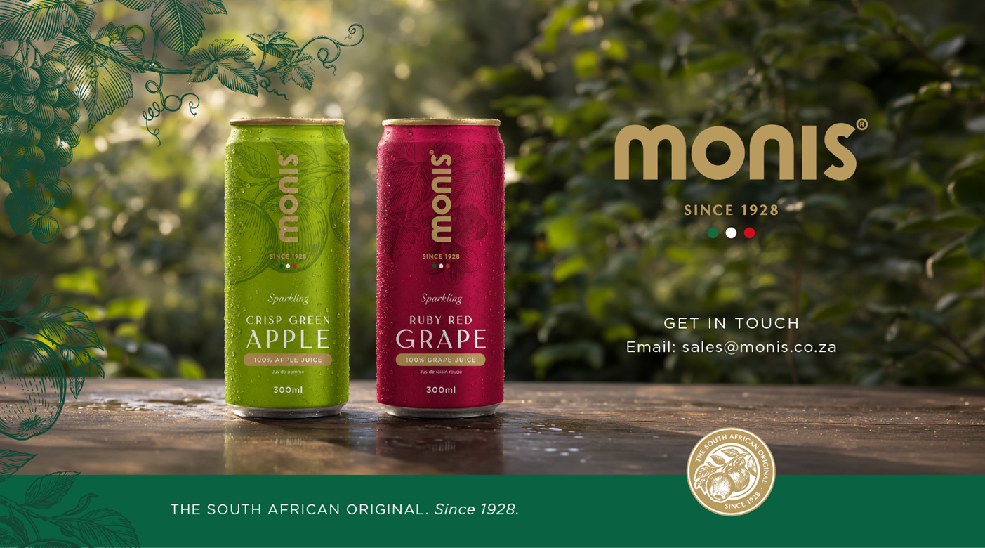 Monis Sparkling Fruit Juice. Crisp Green Apple and Ruby Red Grape. Proudly South African since 1928.